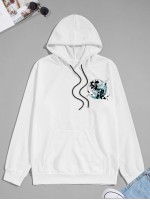 Men Chinese Letter & Crane Graphic Kangaroo Pocket Drawstring Hoodie