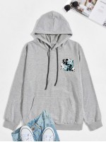 Men Chinese Letter & Crane Graphic Kangaroo Pocket Drawstring Hoodie