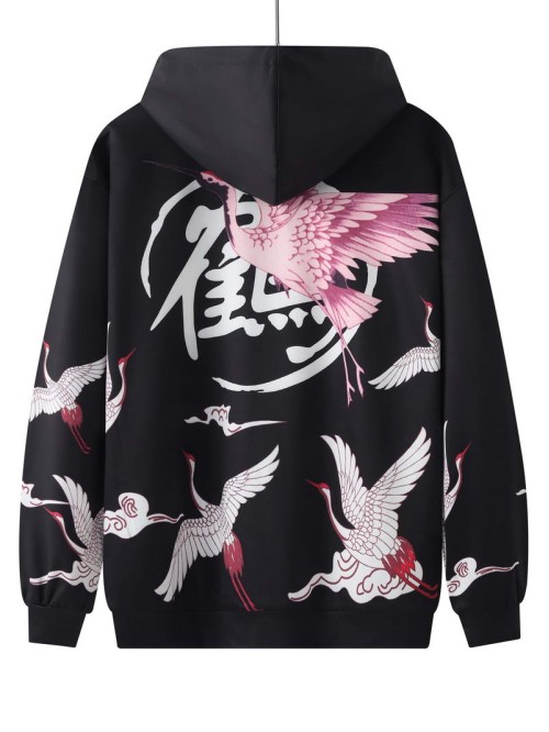 Men Chinese Character And Crane Print Kangaroo Pocket Hoodie