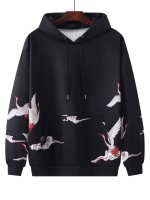 Men Chinese Character And Crane Print Kangaroo Pocket Hoodie