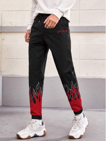 Men Fire & Letter Graphic Drawstring Waist Sweatpants