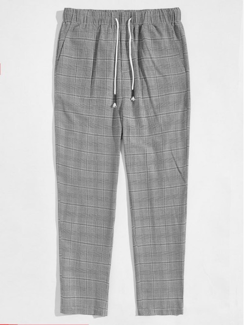 Men Drawstring Waist Slant Pocket Plaid Pants