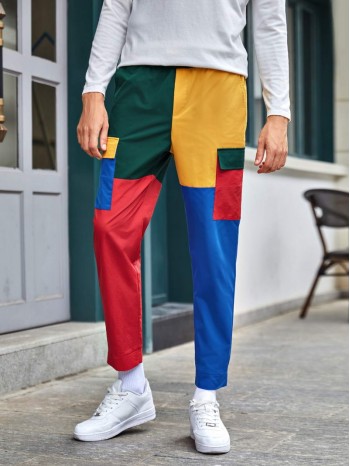 Men Flap Pocket Colorblock Pants