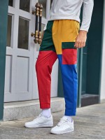 Men Flap Pocket Colorblock Pants