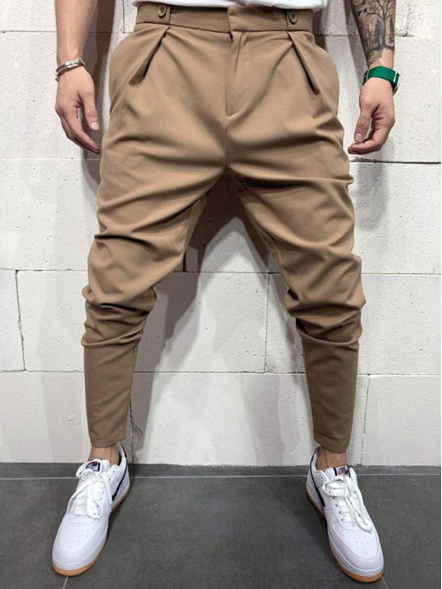 Men Double Button Solid Tapered Trousers