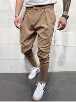 Men Double Button Solid Tapered Trousers