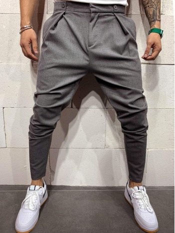 Men Double Button Solid Tapered Trousers