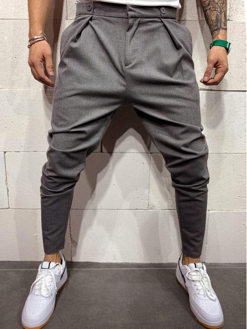 Men Double Button Solid Tapered Trousers