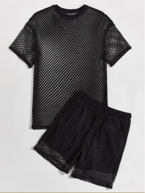 Men Fishnet Mesh Top & Contrast Lined Shorts Set