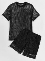 Men Fishnet Mesh Top & Contrast Lined Shorts Set