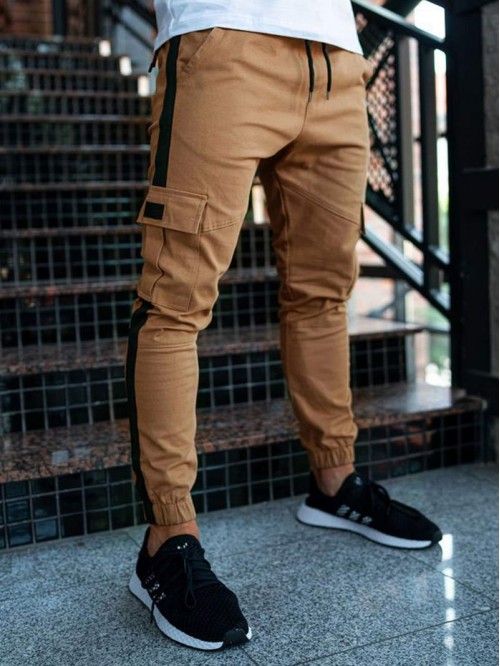 Men Contrast Panel Side Flap Pocket Pants