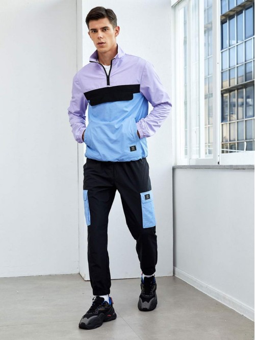 Men Patch Detail Colorblock Jacket & Cargo Pants Set