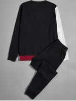 Men Colorblock Pullover & Drawstring Waist Joggers Set