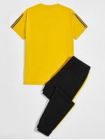 Men Striped & Letter Graphic Tee & Contrast Side Seam Sweatpants Set