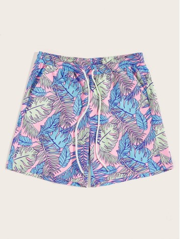 Men Tropical Print Drawstring Waist Shorts