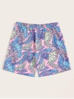 Men Tropical Print Drawstring Waist Shorts