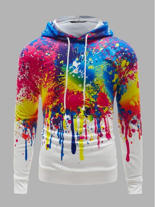 Men Drawstring Detail Ink Splatter Hoodie