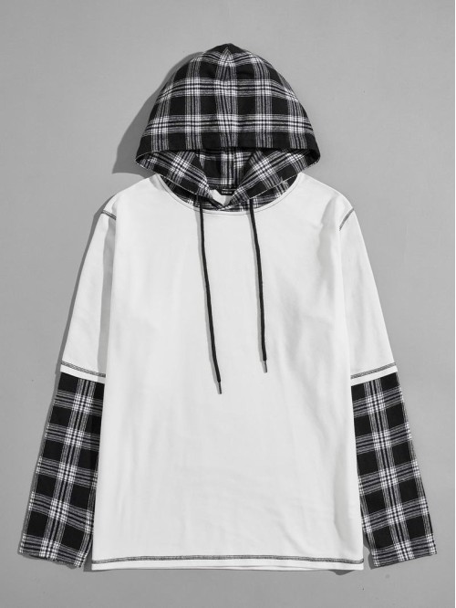 Men Contrast Stitch Tartan Sleeve and Hooded Sweatshirt