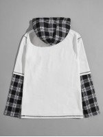 Men Contrast Stitch Tartan Sleeve and Hooded Sweatshirt