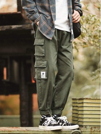 Men Letter Patched Flap Pocket Cargo Pants