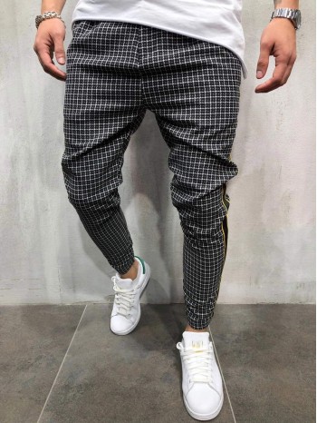 Men Plaid And Striped Tape Side Drawstring Waist Pants