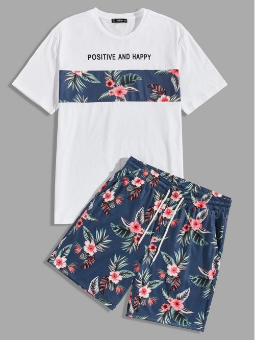 Men Slogan and Tropical Print Top & Shorts Set