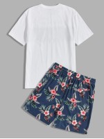 Men Slogan and Tropical Print Top & Shorts Set