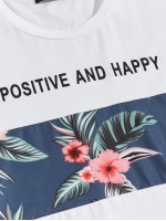 Men Slogan and Tropical Print Top & Shorts Set