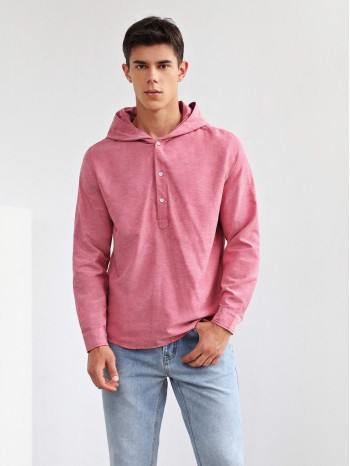 Men Button Half Placket Hoodie