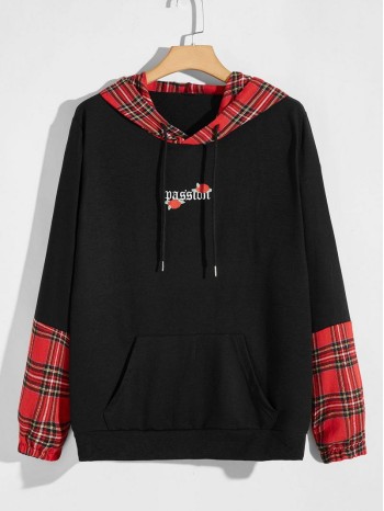 Men Tartan Panel Letter Graphic Drawstring Hoodie