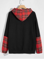 Men Tartan Panel Letter Graphic Drawstring Hoodie