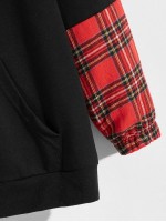 Men Tartan Panel Letter Graphic Drawstring Hoodie