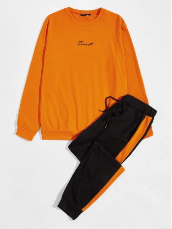 Men Letter Embroidered Pullover & Contrast Side Seam Joggers Set