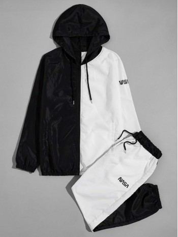 Men Two Tone Drawstring Windbreaker Jacket & Joggers