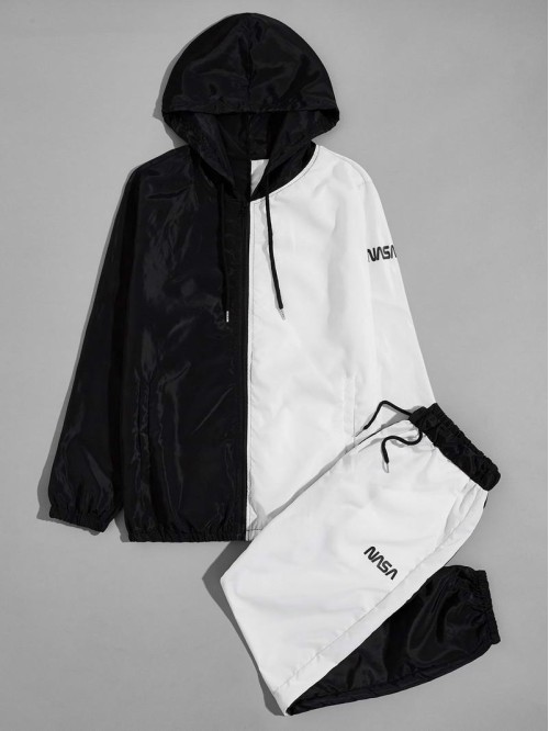 Men Two Tone Drawstring Windbreaker Jacket & Joggers