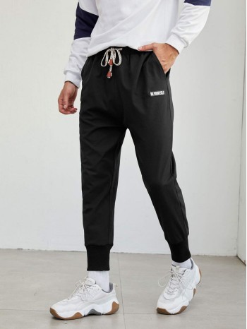 Men Drawstring Waist Patched Detail Pants