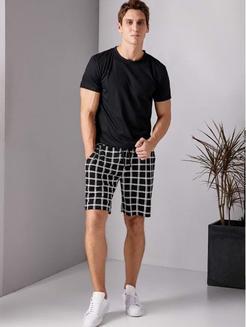 Men Tee With Plaid Drawstring Shorts