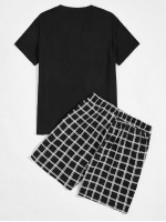 Men Tee With Plaid Drawstring Shorts