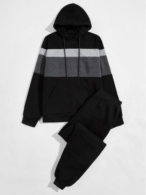 Men Cut And Sew Drawstring Hoodie With Sweatpants