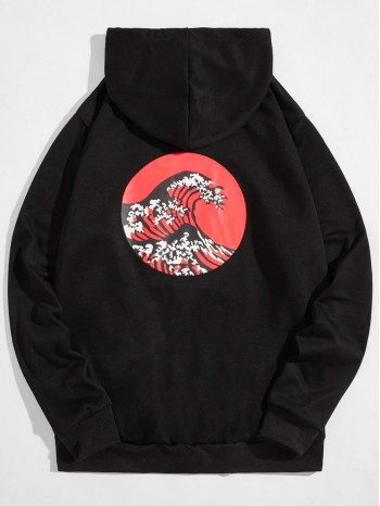 Men Wave Print Back Drawstring Hoodie