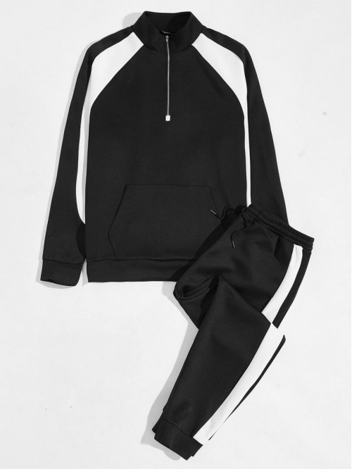 Men Zip Half Placket Pullover & Contrast Sideseam Sweatpants Set