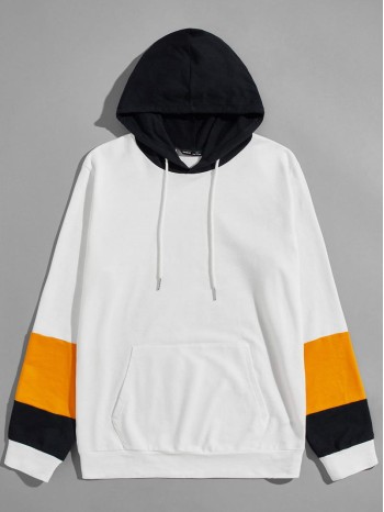 Men Colorblock Patch Pocket Drawstring Hoodie