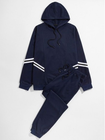 Men Stripe Tape Drawstring Hoodie & Sweatpants