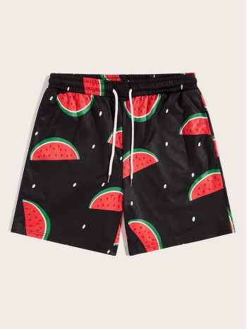 Men Drawstring Waist Watermelon Print Shorts