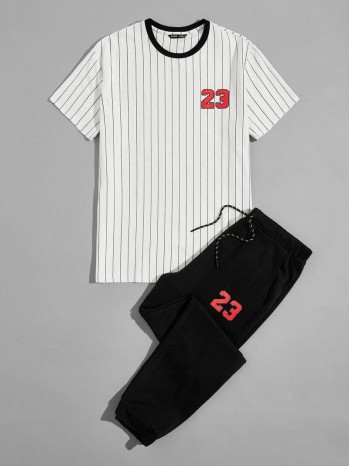 Men Number Graphic Striped Top & Sweatpants Set