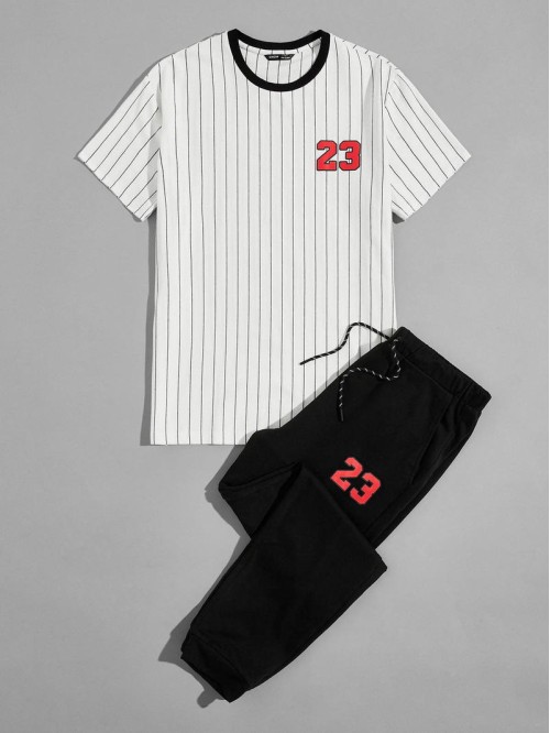 Men Number Graphic Striped Top & Sweatpants Set