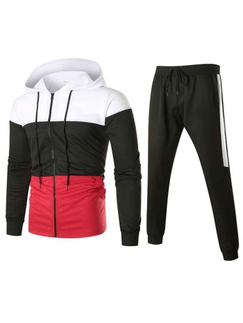 Men Color-block Drawstring Zip-up Hoodie & Sweatpants