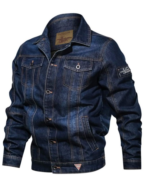 Men Letter Embroidery Patched Flap Pocket Denim Jacket