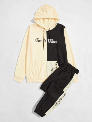 Men Contrast Panel Letter Graphic Hoodie & Sweatpants