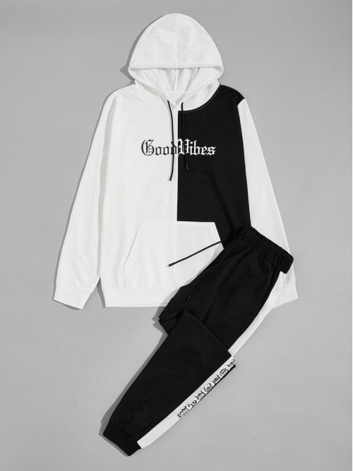 Men Contrast Panel Letter Graphic Hoodie & Sweatpants